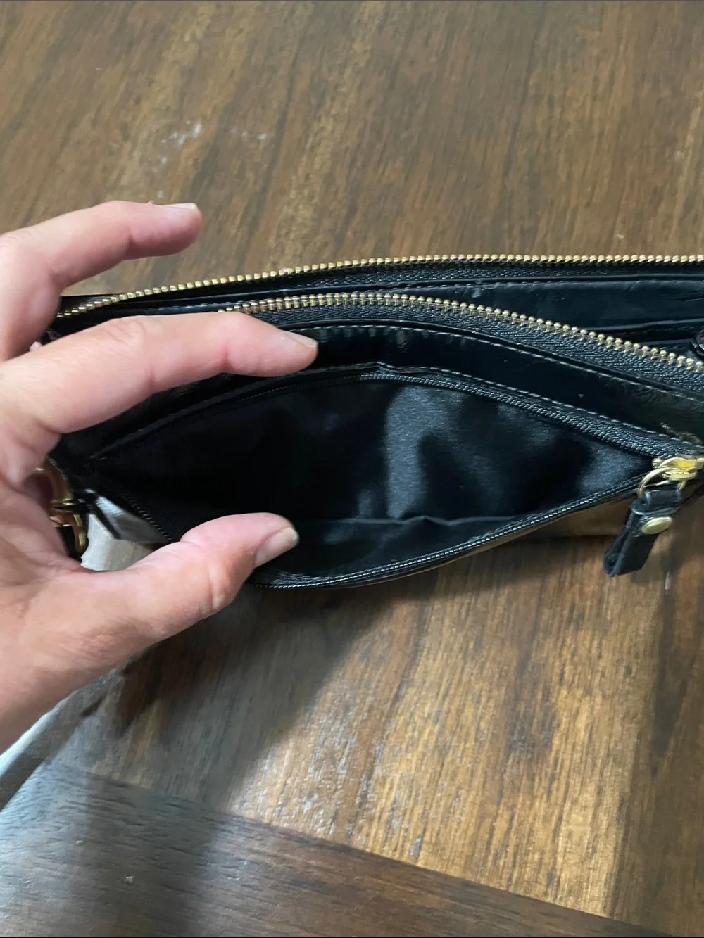 Coach Poppy Black Patent Leather Wristlet Wallet with Gold Plaque